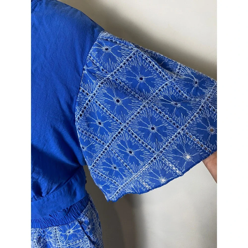 Solitaire Blue Eyelet Embroidered 2 Piece Crop Top Wide Leg Pants Boho Resort